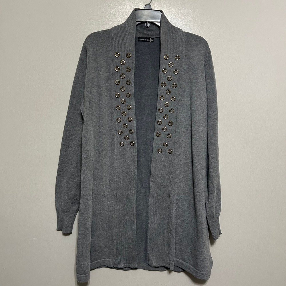 Esperanza Womens Cardigan XL Gray Grommet Embellished Longline Open Front Casual